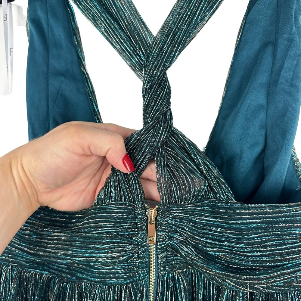 NWT LULUS Sz L Women Ailey Metallic Gold Teal Twist Back Skater Dress L 17D1756 - Picture 11 of 16